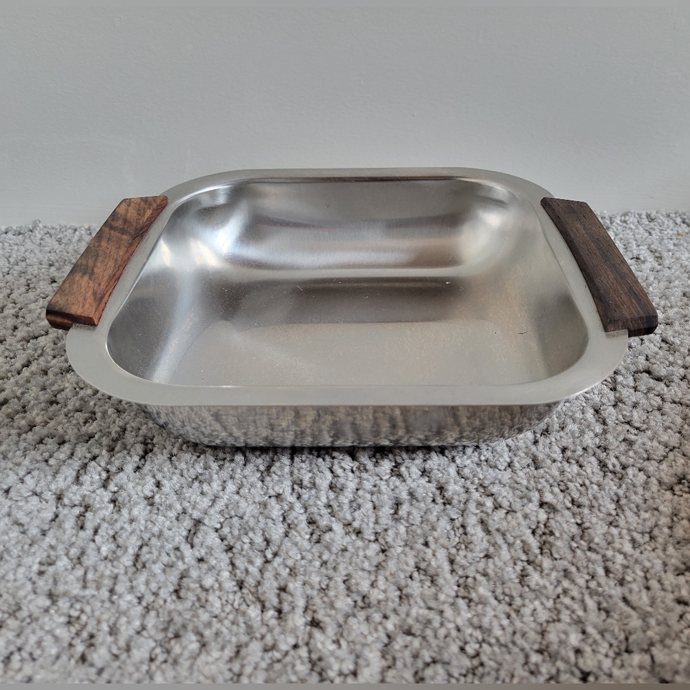 Vintage MCM Stainless Steel Wood Handled Serving Dish Made in Denmark